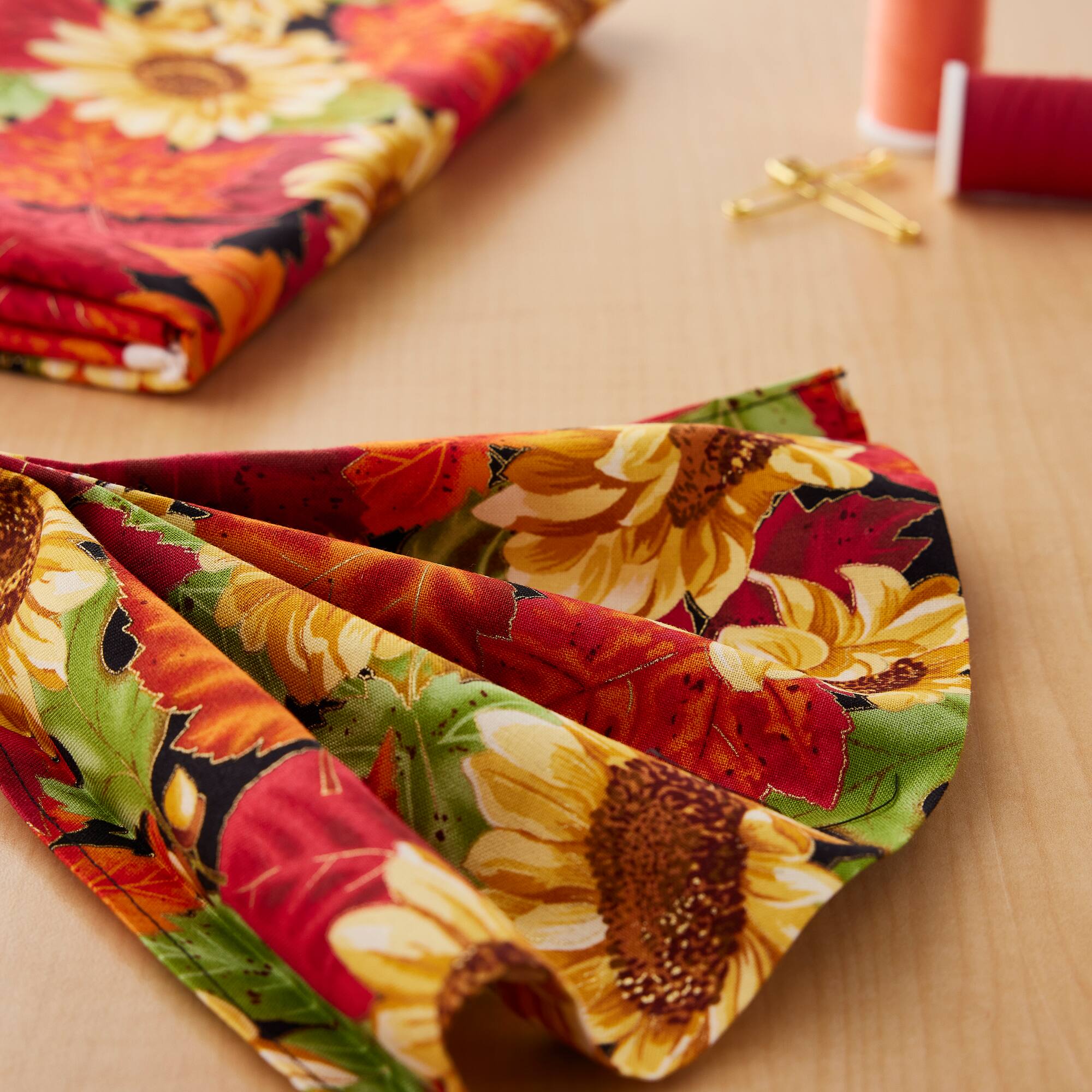 Fabric Traditions Fall Sunflowers with Red Leaves Cotton Fabric